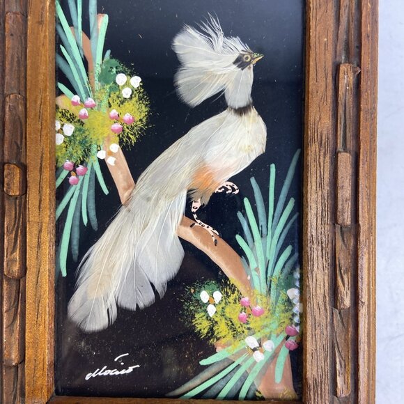 Carved Wood Hinged Trinket Jewelry Box Real Bird Feather Art Lid Vintage 5x7 - Picture 2 of 8
